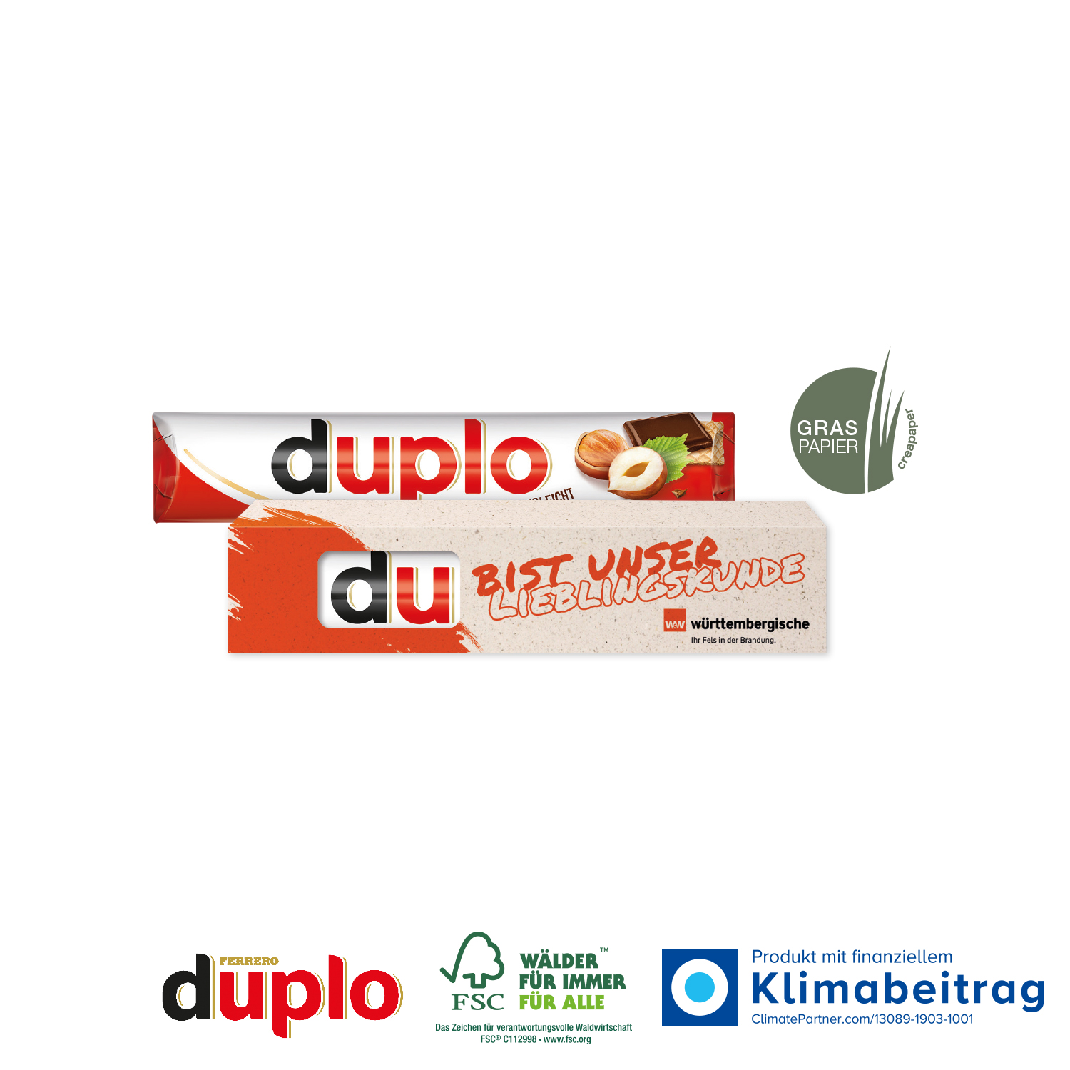 Duplo in Werbekartonage, inkl. 4-farbigem Druck Duplo in Werbekartonage, inkl. 4-farbigem Druck