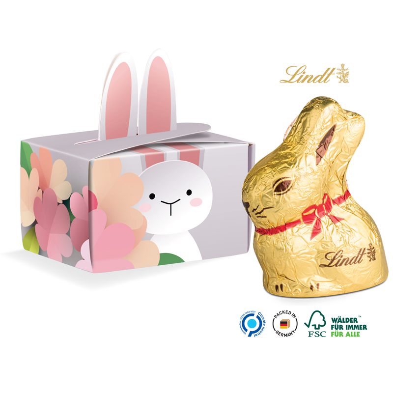 Geschenkbox Mini Hasenohren Lindt, inkl. 4-farbigem Druck Geschenkbox Mini Hasenohren Lindt, inkl. 4-farbigem Druck