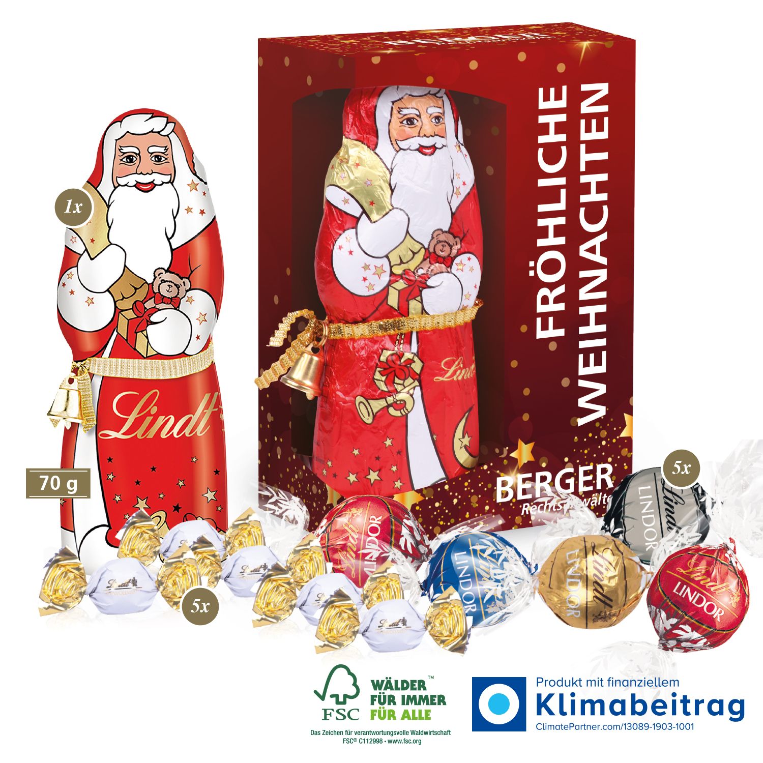 Premium Präsent mit Lindt Weihnachtsmann, inkl. 4-farbigem Druck