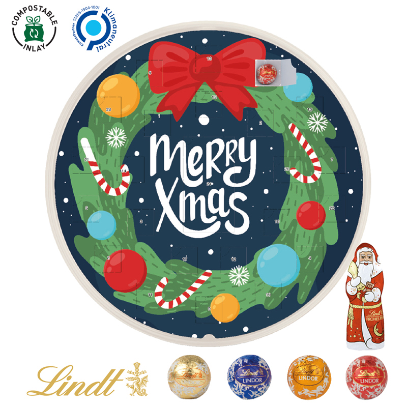 Adventskalender Rund mit Lindt Minis + Weihnachtsmann, inkl. 4-farbigem Druck Adventskalender Rund mit Lindt Minis + Weihnachtsmann, inkl. 4-farbigem Druck