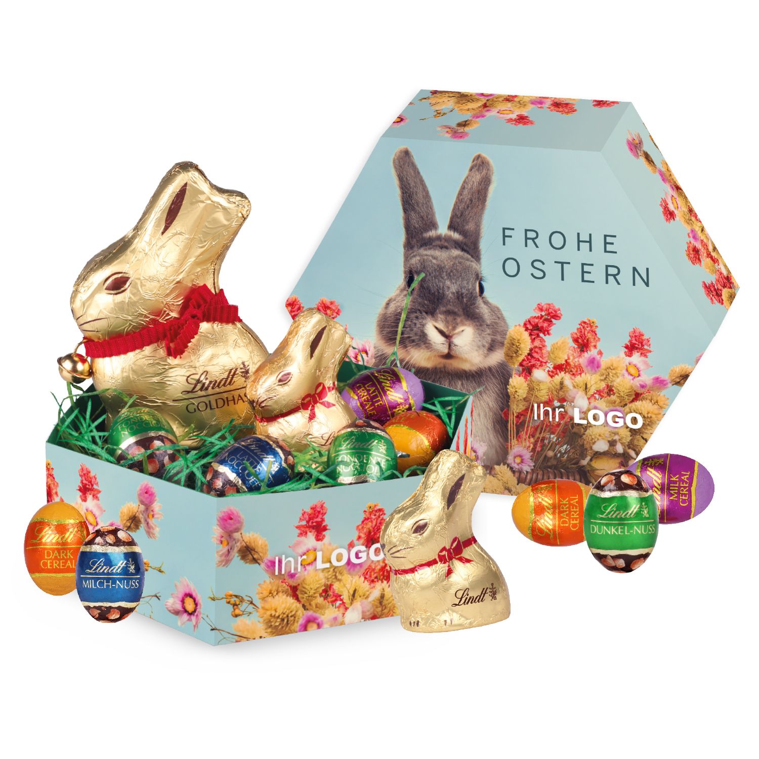 1 Großes Premium-Osternest mit Schokolade von Lindt, inkl. 4-farbigem Druck