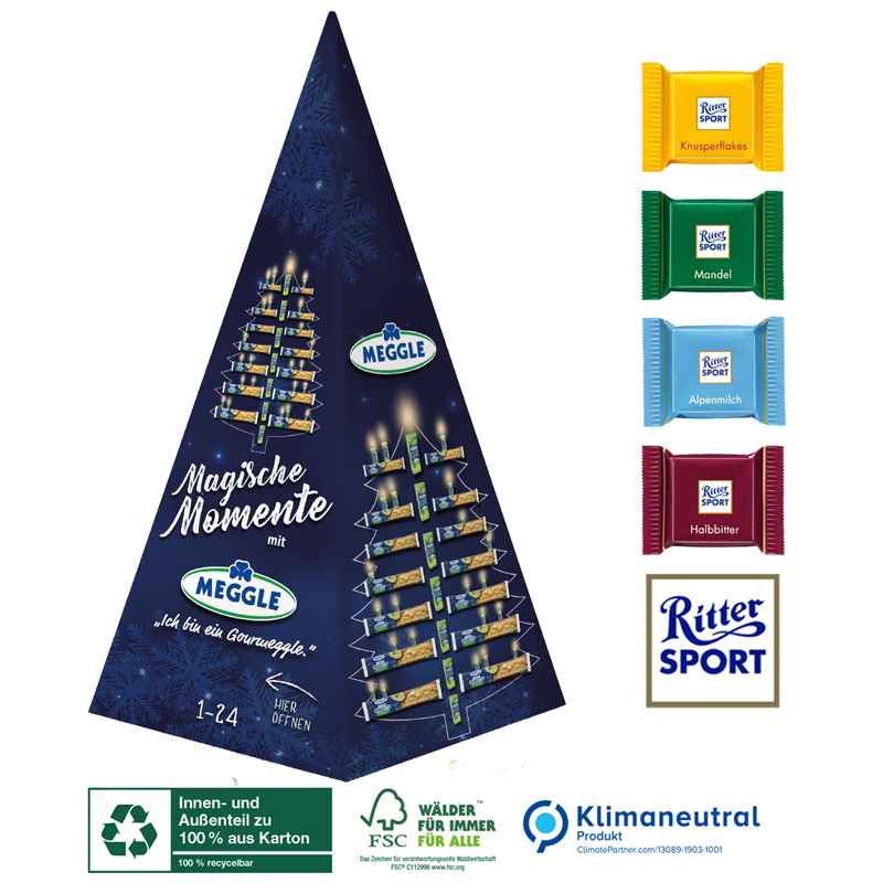 Karton-Adventskalender Weihnachtspyramide Ritter SPORT, inkl. 4-farbigem Druck