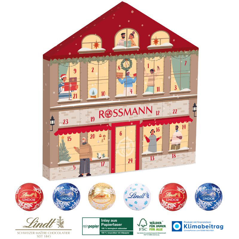 Adventskalender Organic Lindt Weihnachtshaus, inkl. 4-farbigem Druck
