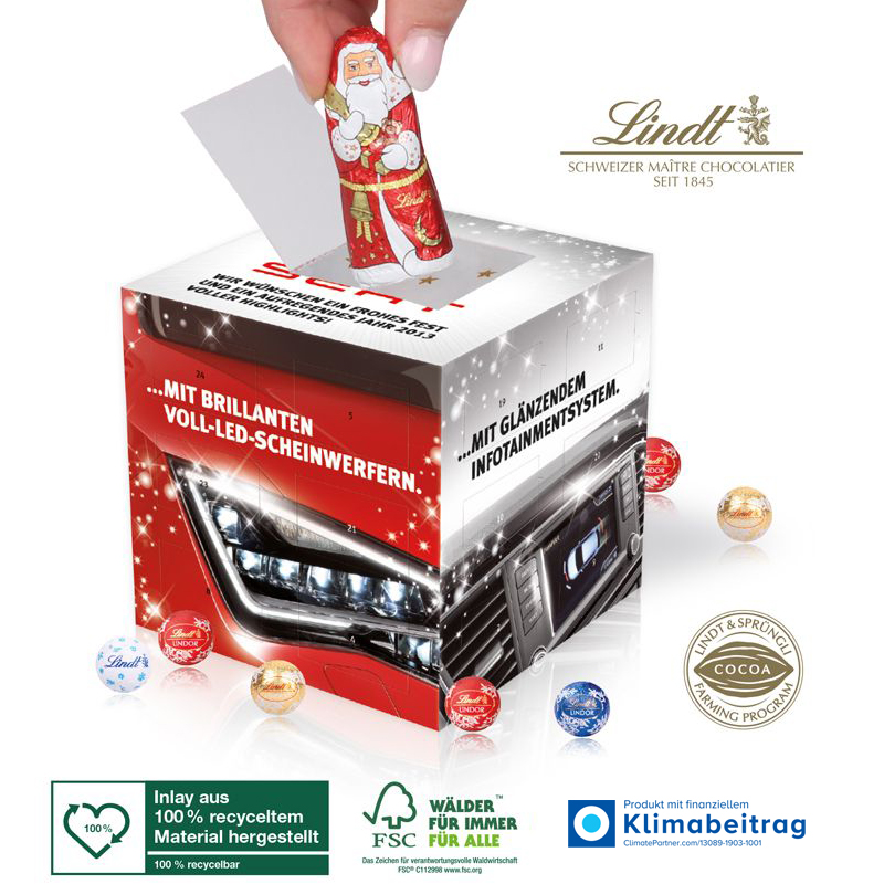 Adventskalender Cube mit Lindt Minis und Weihnachtsmann , inkl. 4-farbigem Druck Adventskalender Cube mit Lindt Minis und Weihnachtsmann , inkl. 4-farbigem Druck