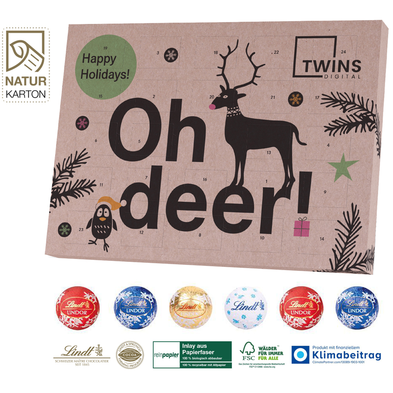 Adventskalender aus Naturkarton Lindt „Gourmet Edition” Organic, inkl. 4-farbigem Druck Adventskalender aus Naturkarton Lindt „Gourmet Edition” Organic, inkl. 4-farbigem Druck