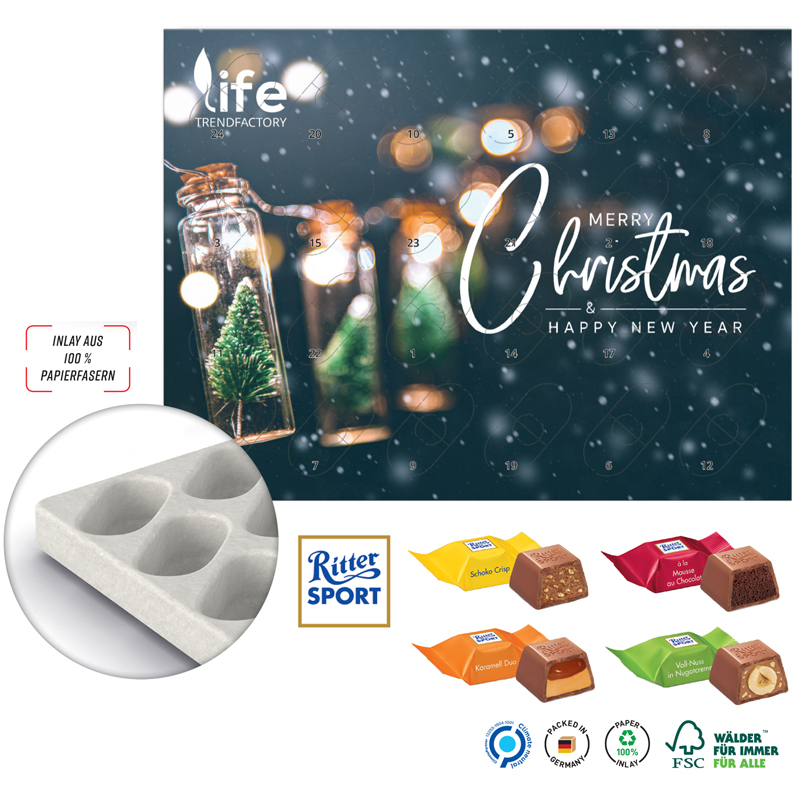 Adventskalender Eco XL mit Ritter SPORT Würfel (komplett aus Papier), inkl. 4-farbigem Druck