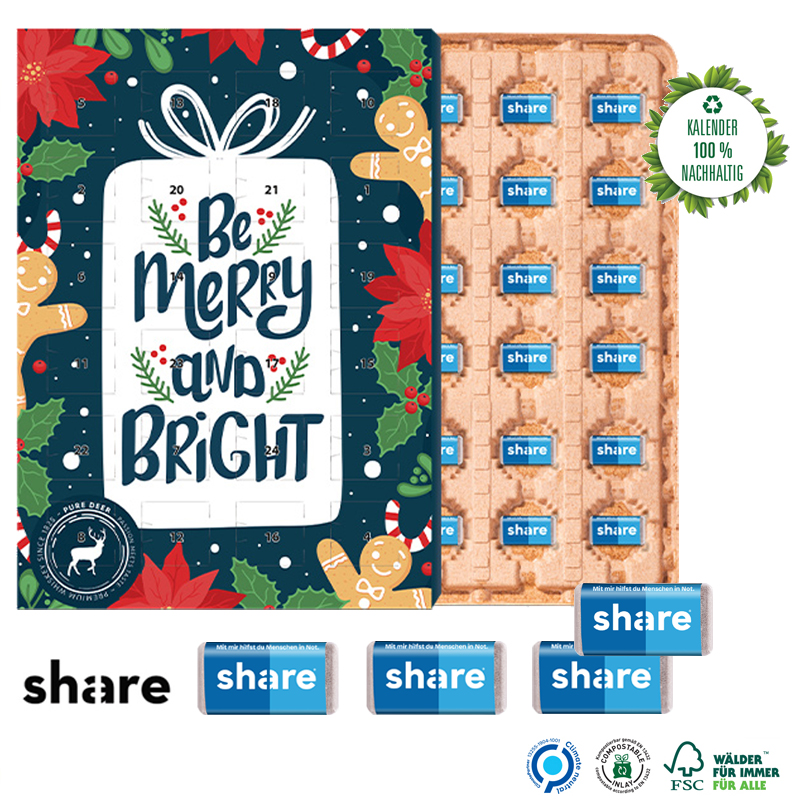 Marken Wand-Adventskalender Eco Papierblister mit share Schokolade, inkl. 4-farbigem Druck
