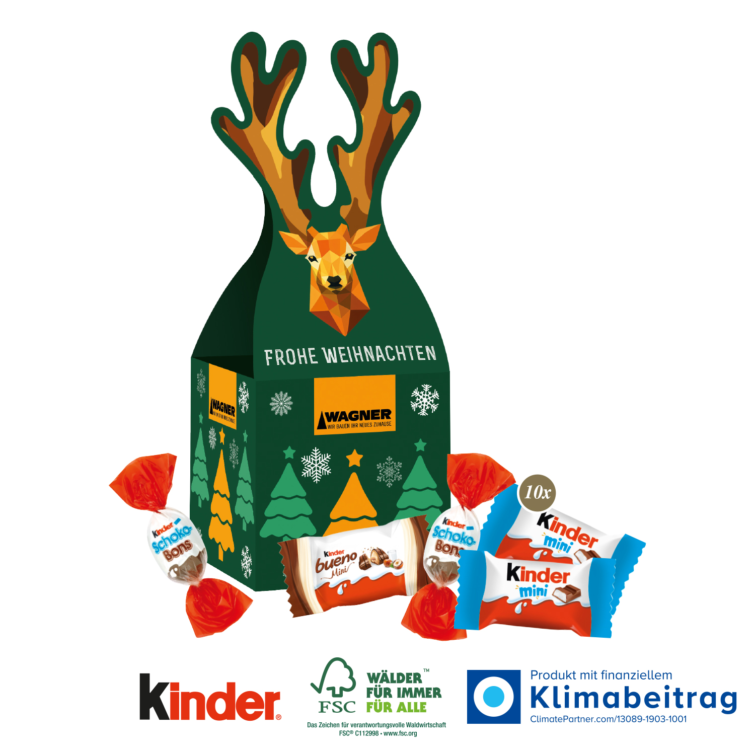3D Präsent „Rentier“ mit Ferrero kinder Schokolade, inkl. 4-farbigem Druck
