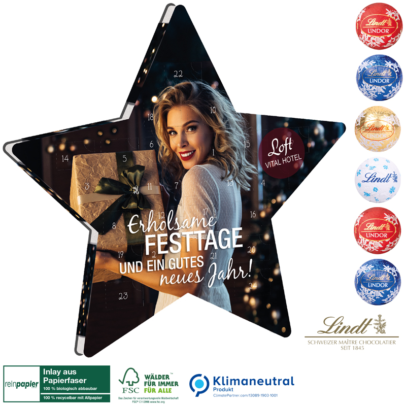 Adventskalender Organic Lindt Stern, inkl. 4-farbigem Druck Adventskalender Organic Lindt Stern, inkl. 4-farbigem Druck