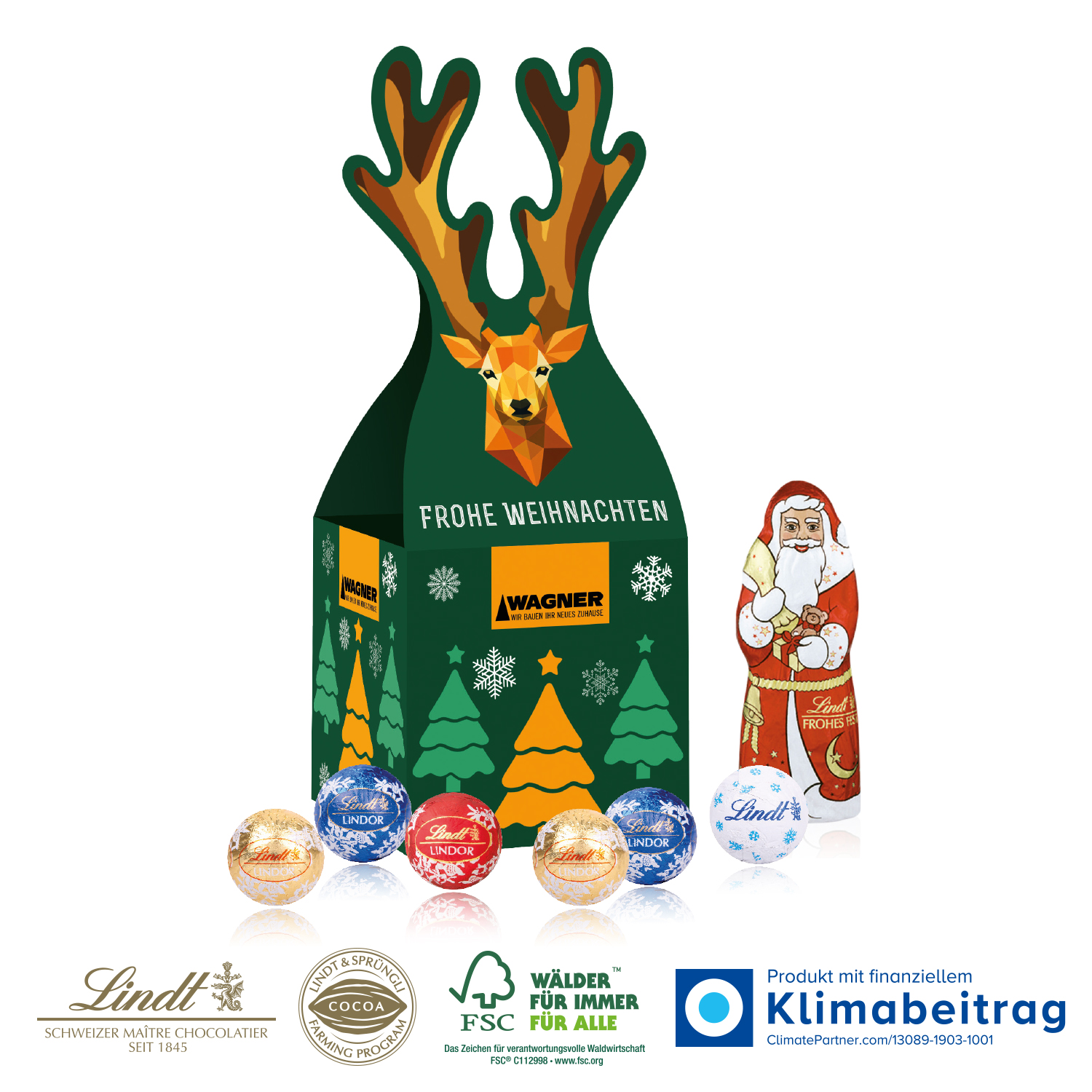 3D Präsent „Rentier“ mit Lindt Minis, inkl. 4-farbigem Druck 3D Präsent „Rentier“ mit Lindt Minis, inkl. 4-farbigem Druck