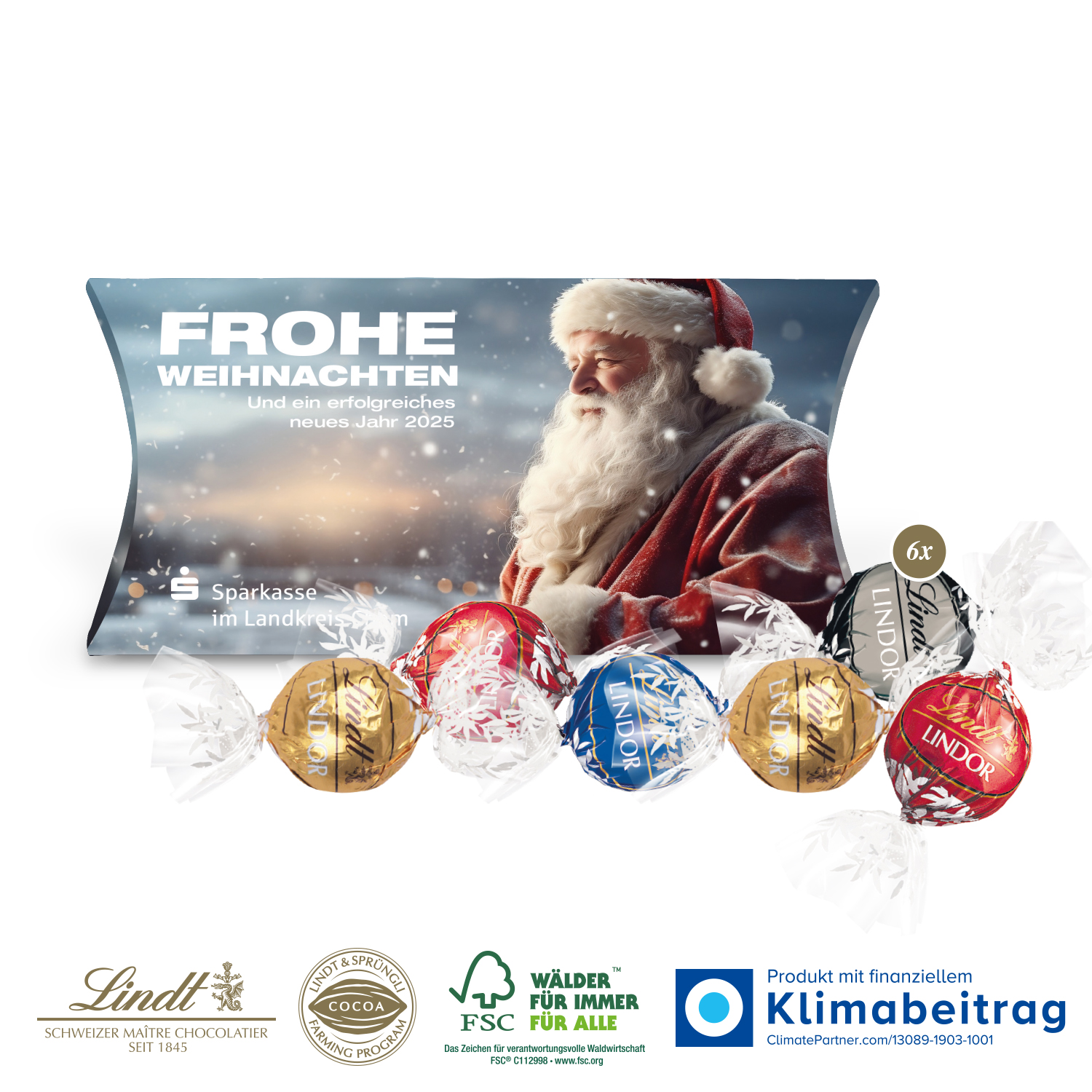 Kissenverpackung „Creative“ mit Lindt Lindor, inkl. 4-farbigem Druck