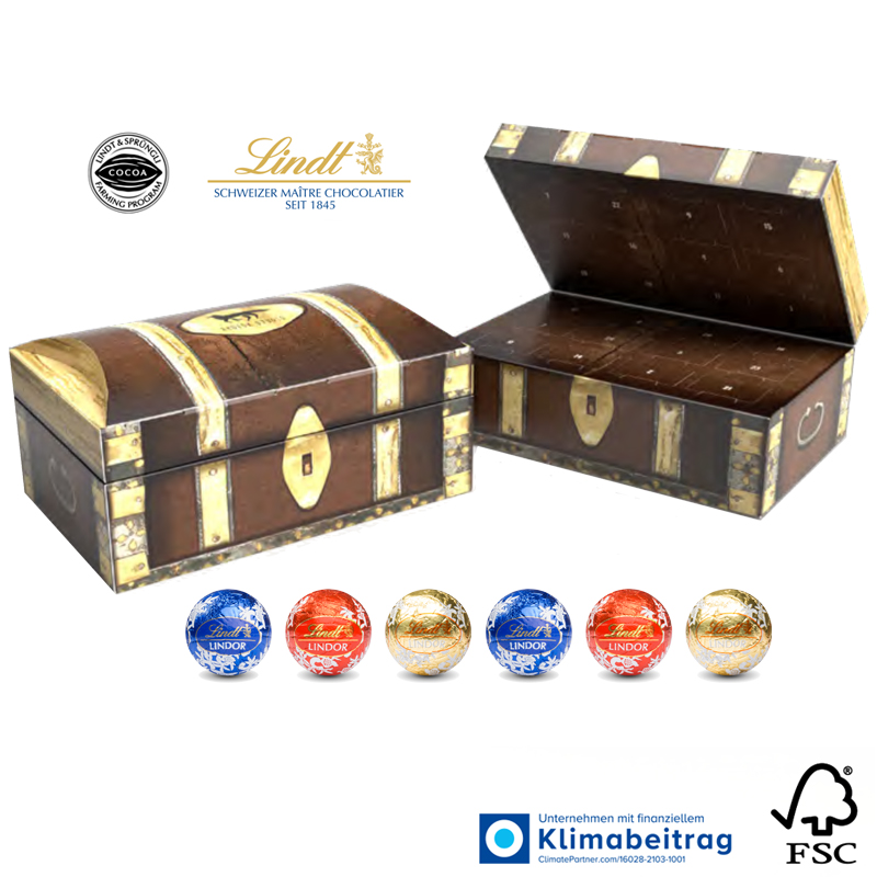 Lindt Lindor Adventskalender Schatztruhe Eco, inkl. 4-farbigem Druck