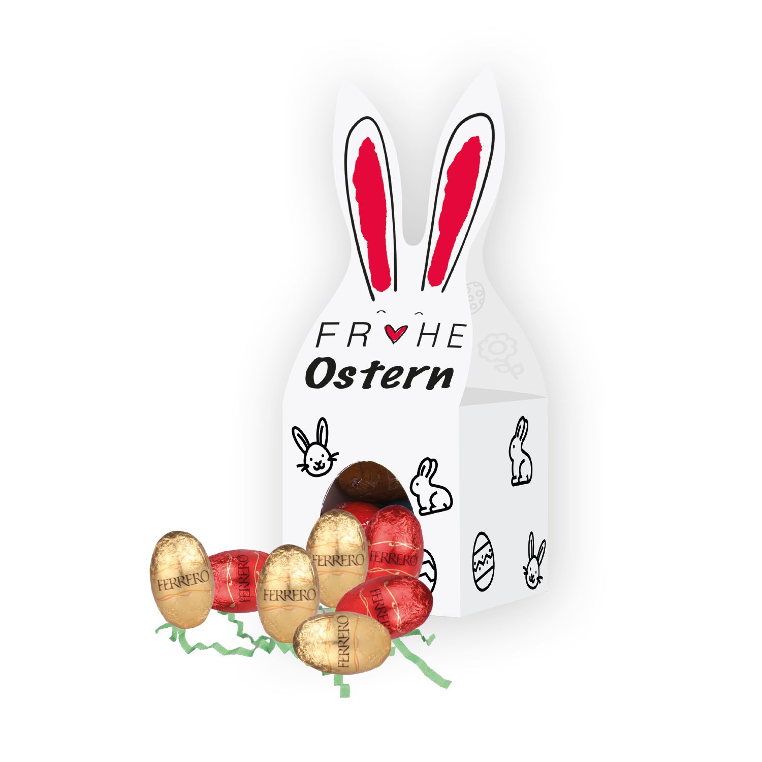 3D Präsent „Häschen“ mit Ferrero Küsschen Ostereier, inkl. 4-farbigem Druck 3D Präsent „Häschen“ mit Ferrero Küsschen Ostereier, inkl. 4-farbigem Druck