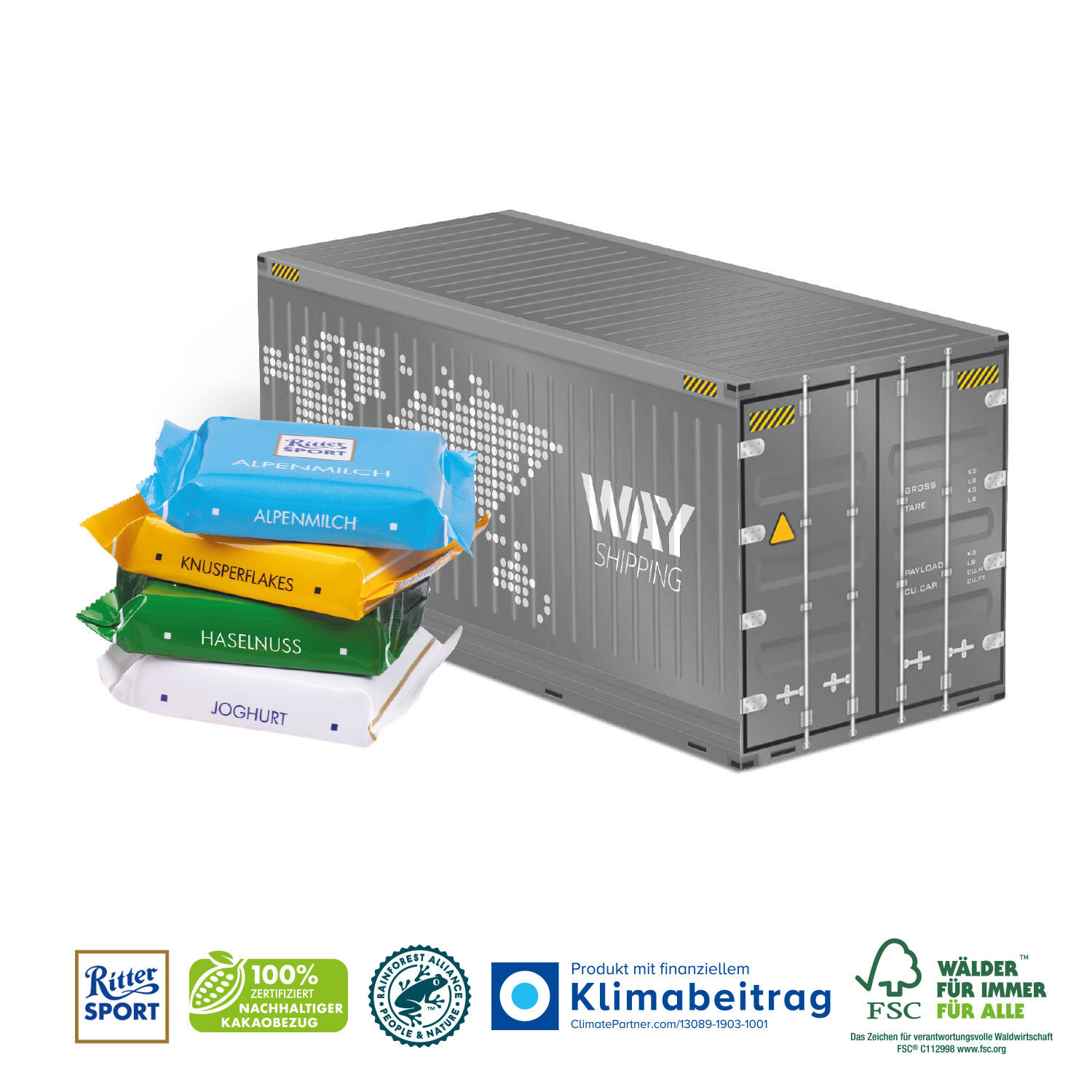 3D Präsent Container Ritter SPORT Minis, inkl. 4-farbigem Druck