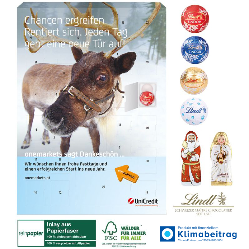 Wand-Adventskalender Organic Gourmet Edition Lindt Minis mit Weihnachtsmann + Engel, inkl. 4-farbigem Druck Wand-Adventskalender Organic Gourmet Edition Lindt Minis mit Weihnachtsmann + Engel, inkl. 4-farbigem Druck