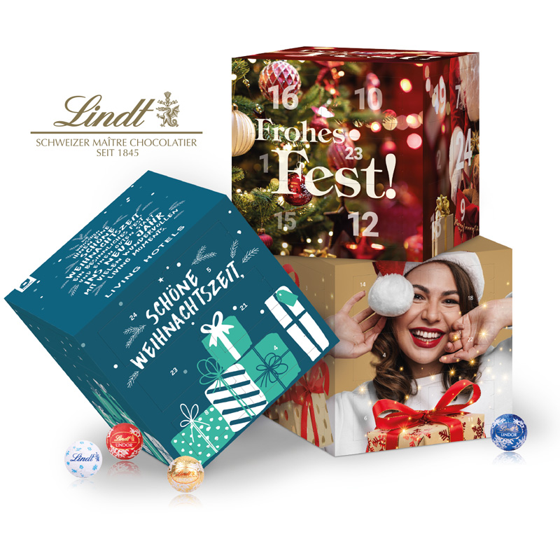 Adventskalender Organic Cube mit Lindt Minis, inkl. 4-farbigem Druck Adventskalender Organic Cube mit Lindt Minis, inkl. 4-farbigem Druck
