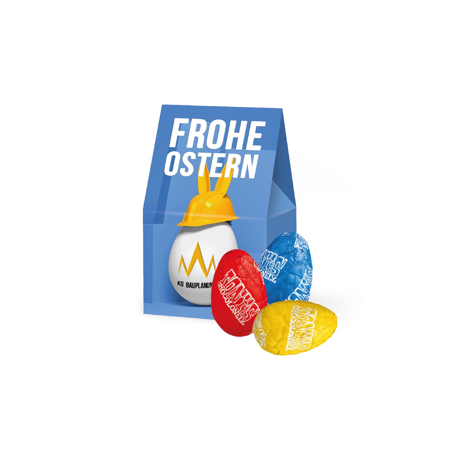 Businesspräsent „Selection Mini“ mit Tony´s Chocolonely Ostereier, inkl. 4-farbigem Druck