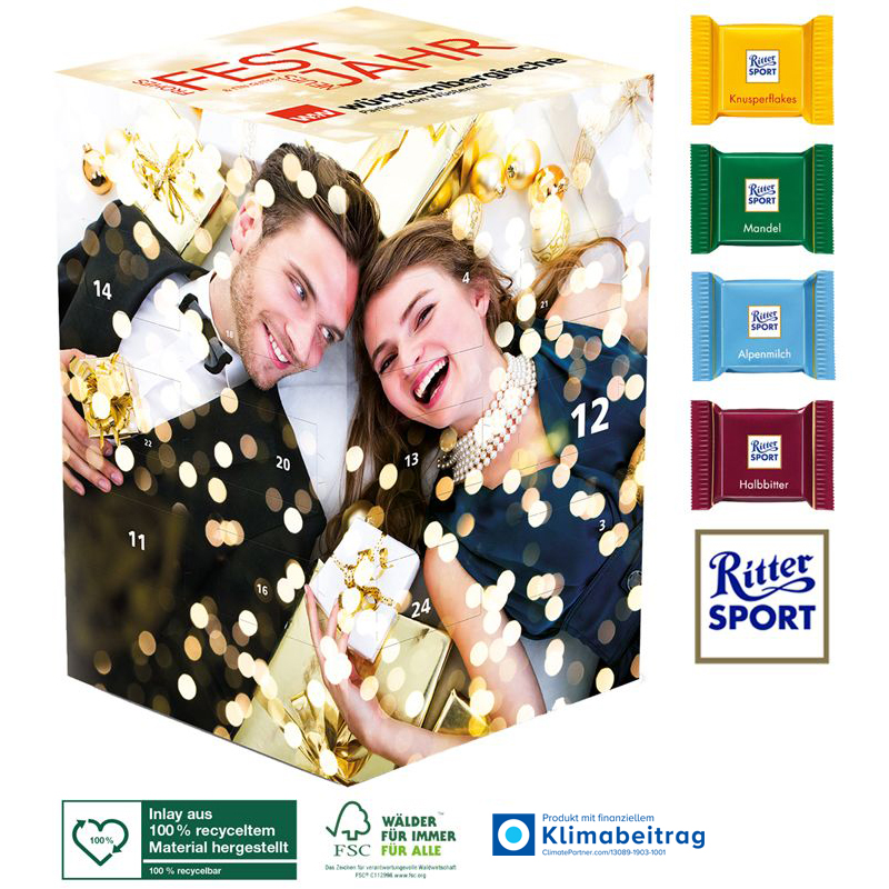 Adventskalender Cube XL Ritter SPORT, inkl. 4-farbigem Druck