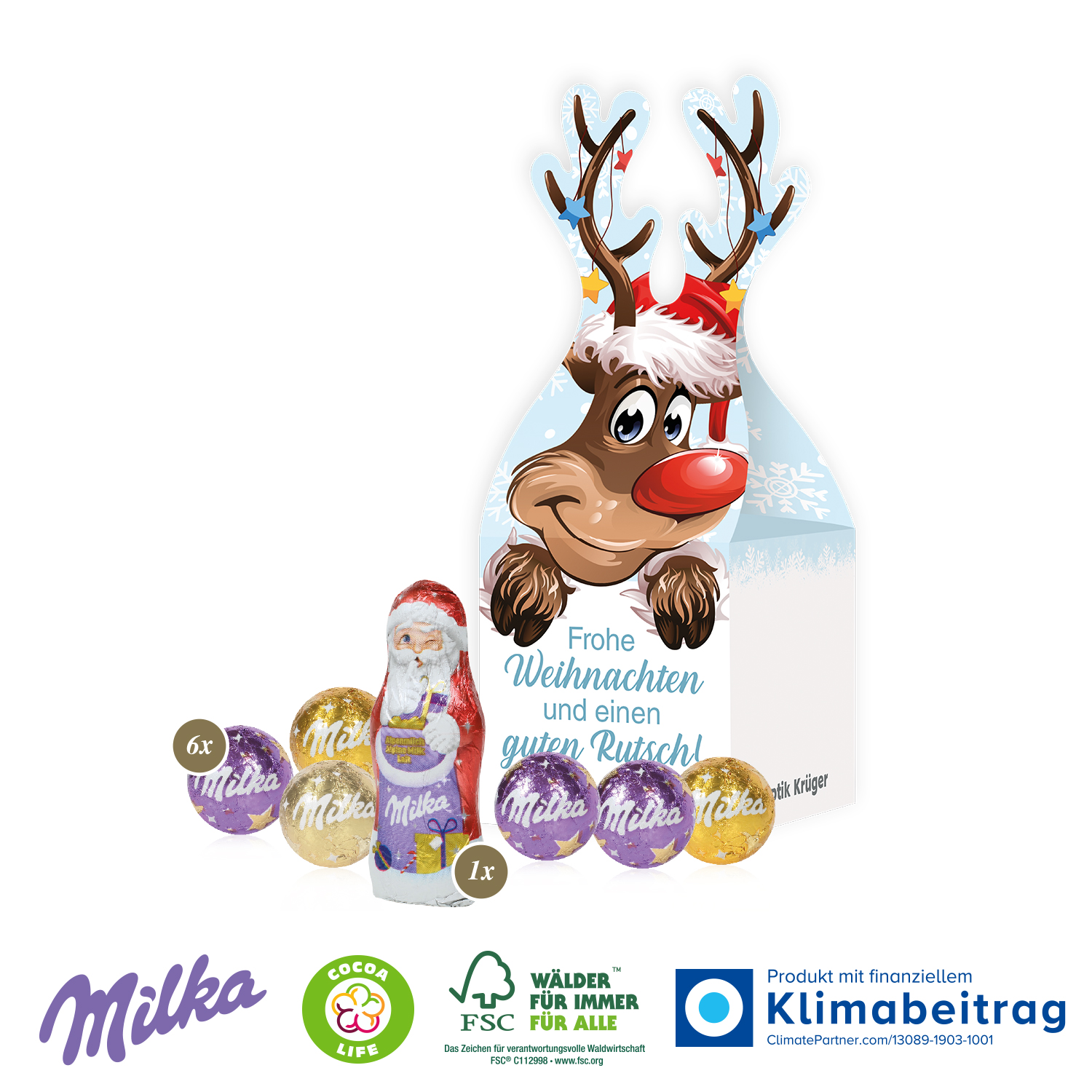 3D Präsent „Rentier“ mit Milka Schokolade, inkl. 4-farbigem Druck
