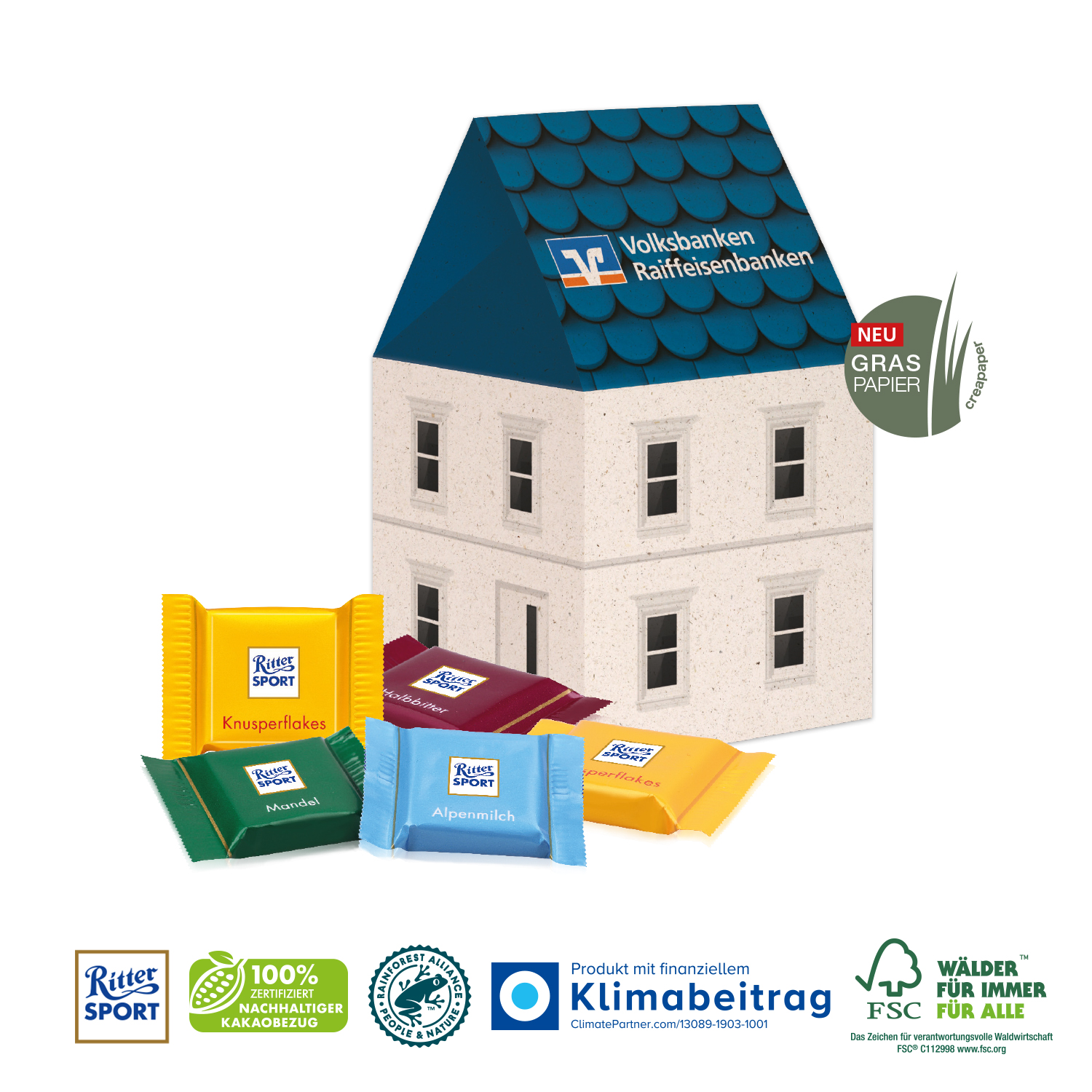 3D Präsent Haus Ritter SPORT Schokotäfelchen, inkl. 4-farbigem Druck 3D Präsent Haus Ritter SPORT Schokotäfelchen, inkl. 4-farbigem Druck