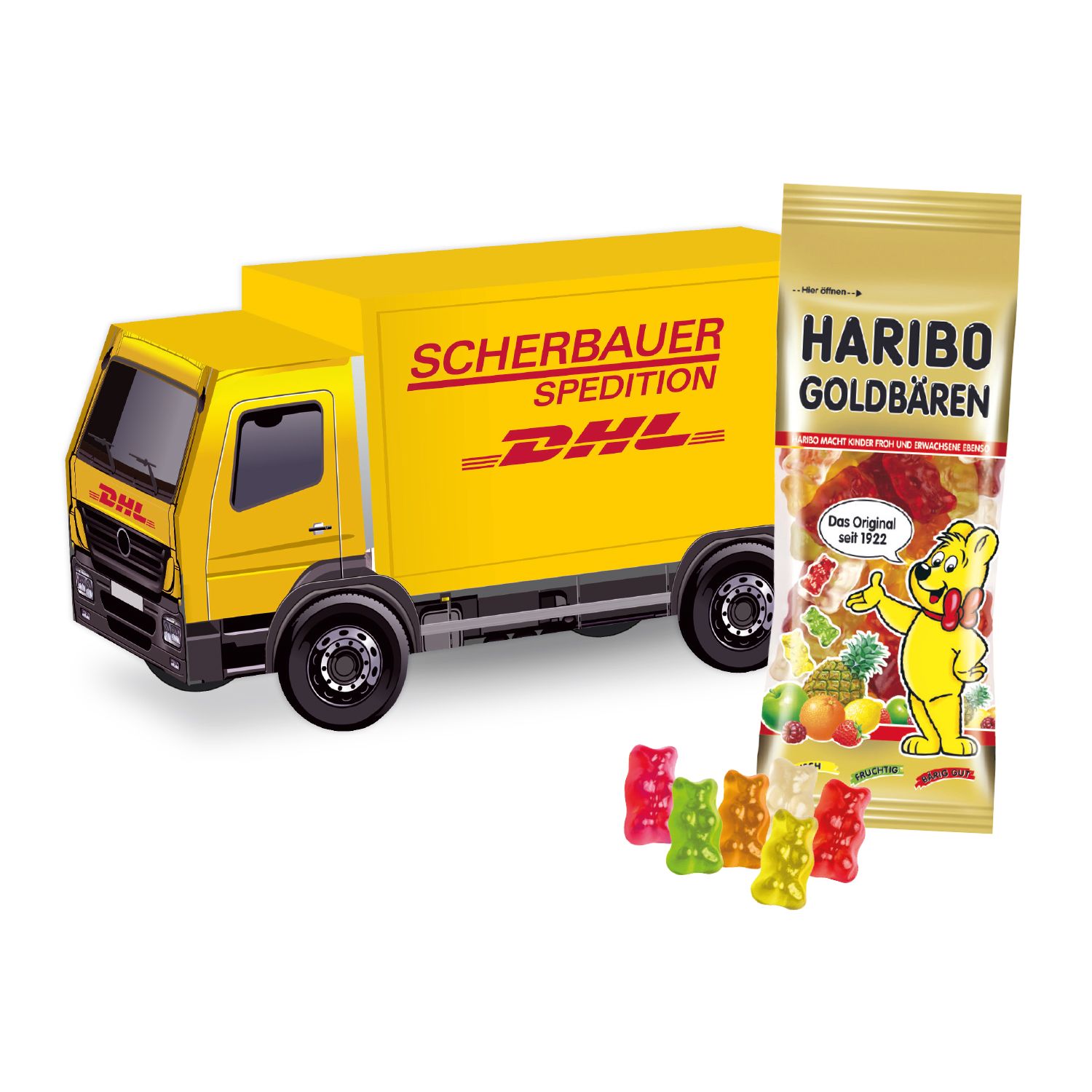 3D Präsent LKW HARIBO Goldbären, inkl. 4-farbigem Druck 3D Präsent LKW HARIBO Goldbären, inkl. 4-farbigem Druck