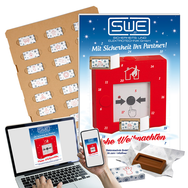 Schokoladentäfelchen-Adventskalender im ECO-Tray (100% Pappe), inkl. 4-farbigem Druck Schokoladentäfelchen-Adventskalender im ECO-Tray (100% Pappe), inkl. 4-farbigem Druck
